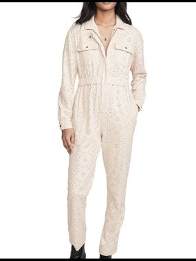 Free People Cream Eyelet Zip-Front Utility Jumpsuit